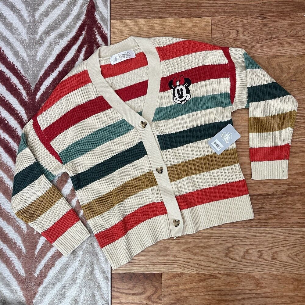 Disney Parks Cardigan Sweater Womens L Cream Multi Striped Holiday Minnie Mouse